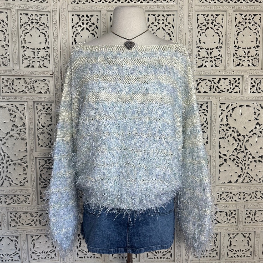 Handmade Baby Blue & Cream Fuzzy Oversized Boatneck Sweater Sz‎ Large
